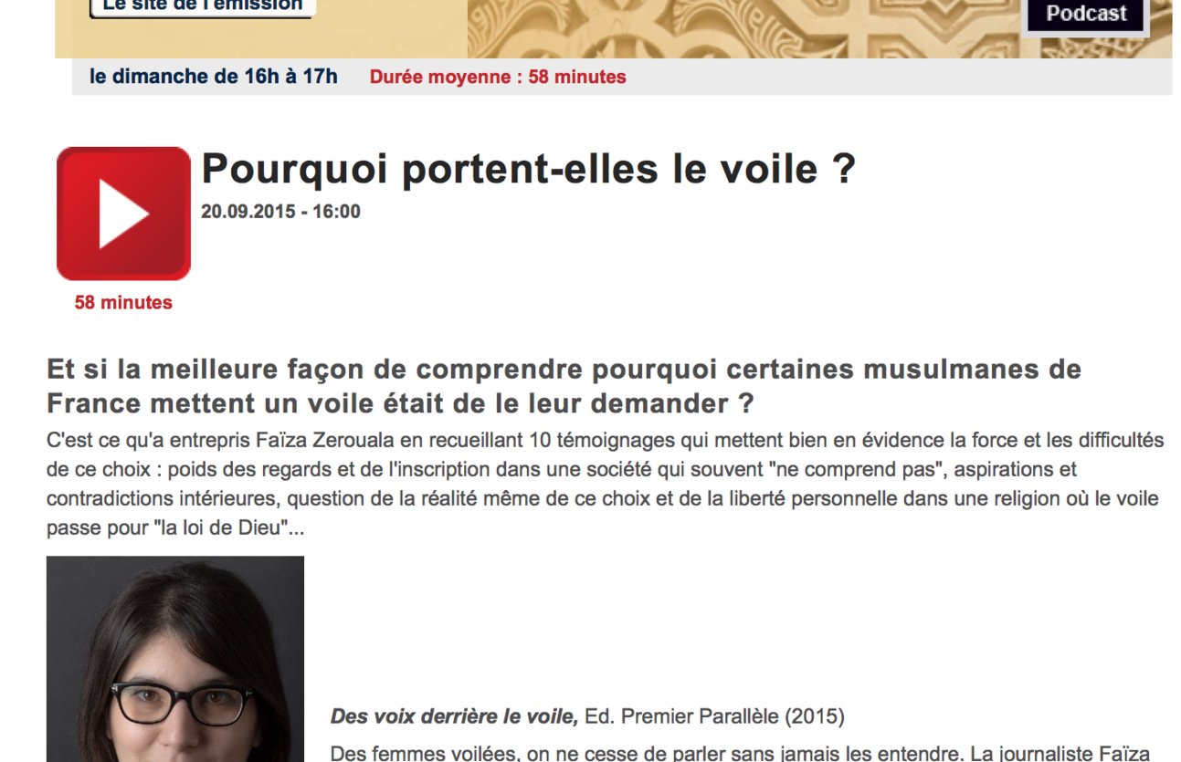  ’Pourquoi portent-elles le voile ?’ : Faïza Zerouala dans Cultures d’Islam (France Culture)