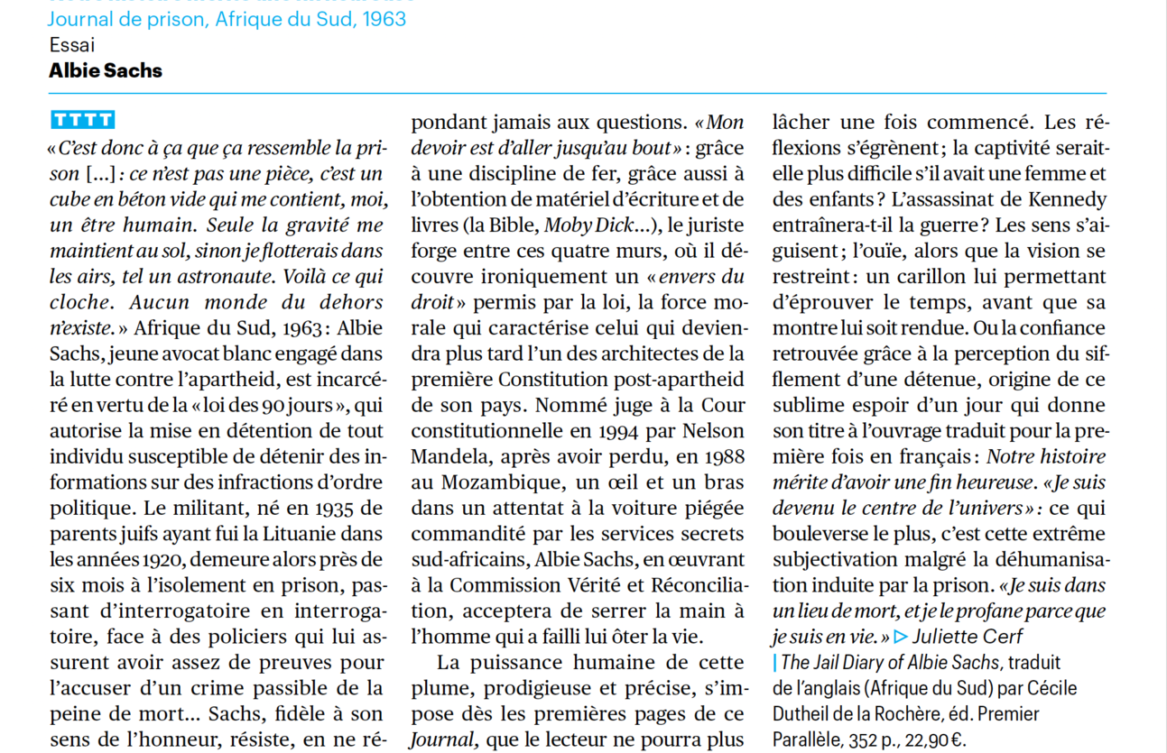 TTTT dans Télérama pour le Journal d’Albie Sachs